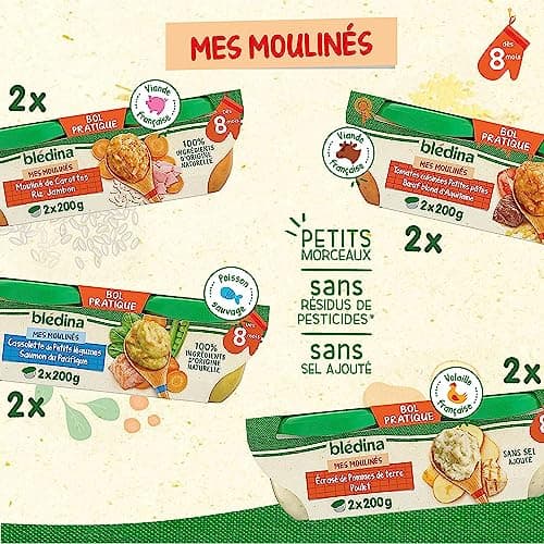 Blédina - Mes Moulinés - Repas bébé – 16 bols avec 4 Recettes inspirées du Fait Maison - Dès 8 Mois - Sans sel ajouté – 16x200g