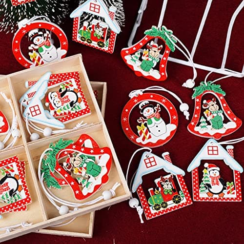 BETESSIN 24pcs Pendentif Noël en Bois Charmes Ornements Décoration Arbre de Noël Suspendus 4 Styles avec 2 Boîtes Décoratives de Fête