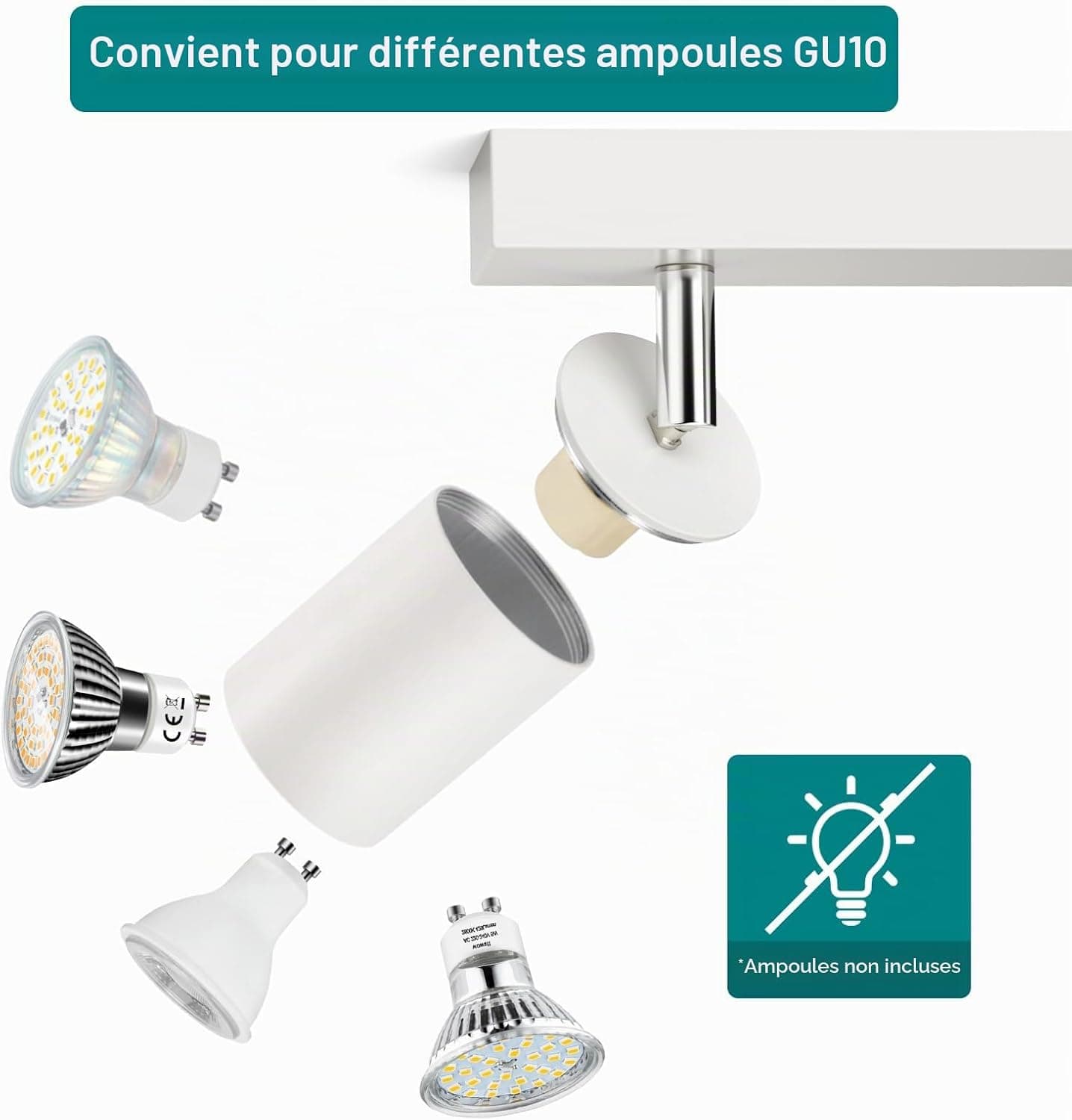 wowatt Plafonnier 4 Spots, GU10 Rampe de Spot Orientable, Lampe de Spot Plafonnier Blanc, Luminaire Spot Interieur Plafond, Éclairage LED Plafond Pivotant pour Salon, Chambre, Cuisine, Sans Ampoules