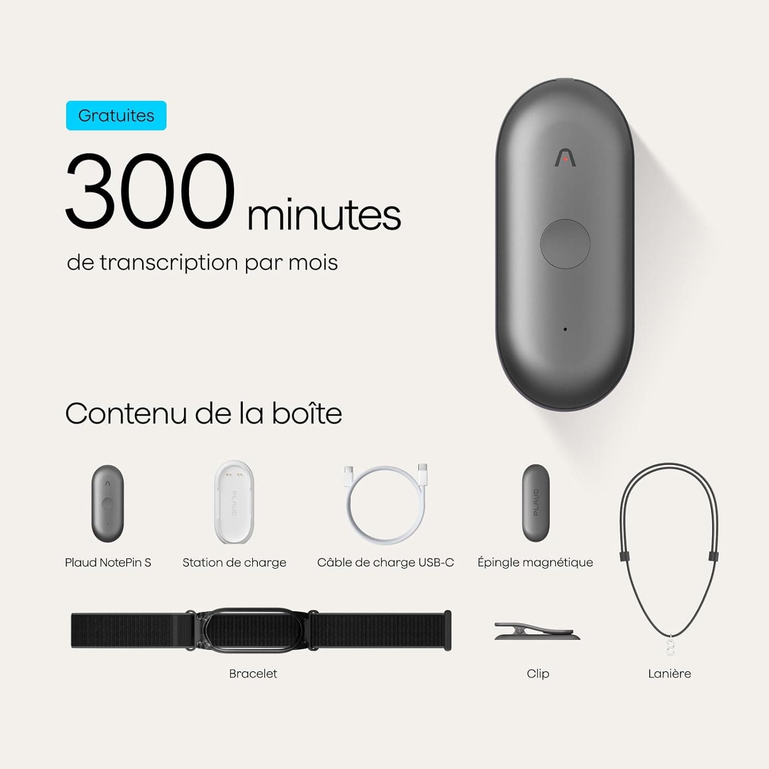 Plaud NotePin S Enregistreur Vocal IA avec Bouton Tactile Prise de Notes IA Transcription Résumé IA et Team Plan Dictaphone Enregistreur Numérique pour Réunions Interviews avec 4 Accessoires Gris