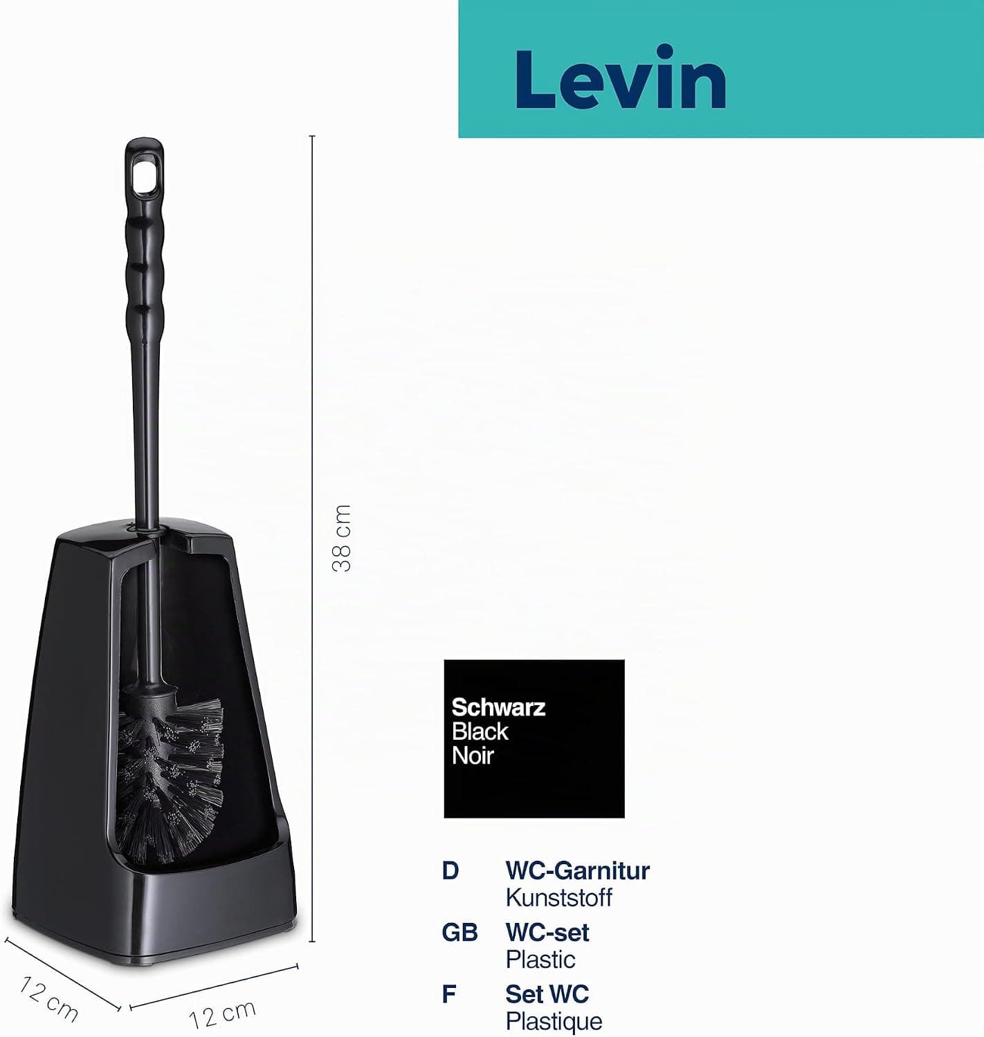 kela Brosse à WC avec réservoir Semi-Ouvert, 38 cm, Brosse pour Toilettes, Ensemble Brosse WC Levin, Noir