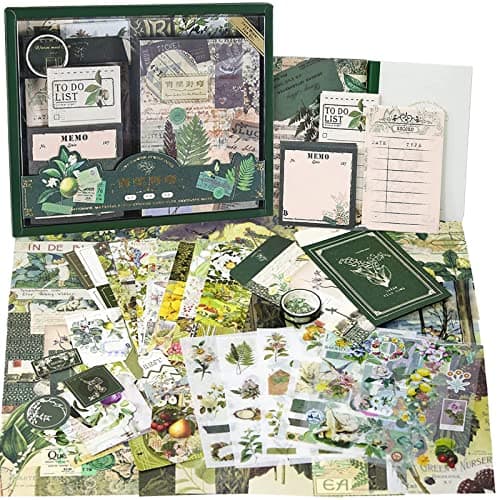 Irayin Kit d'accessoires de Scrapbooking de 125 Pièces, Esthétique Bullet Journal Scrapbook Kit avec A6 Grille Carnet, Autocollants de scrapbooking - Cadeau DIY pour Filles et Femmes (Vert)