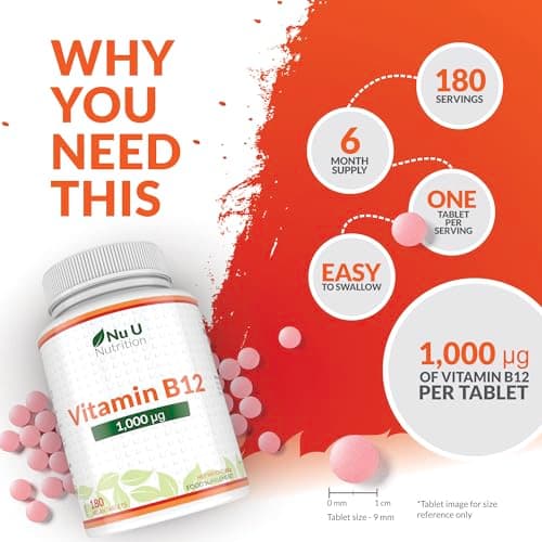 Vitamine B12 1000μg - Puissance Élevée de B12 Méthylcobalamine - 180 Comprimés Végétaliens (Approvisionnement pour 6 Mois) - Nu U Nutrition