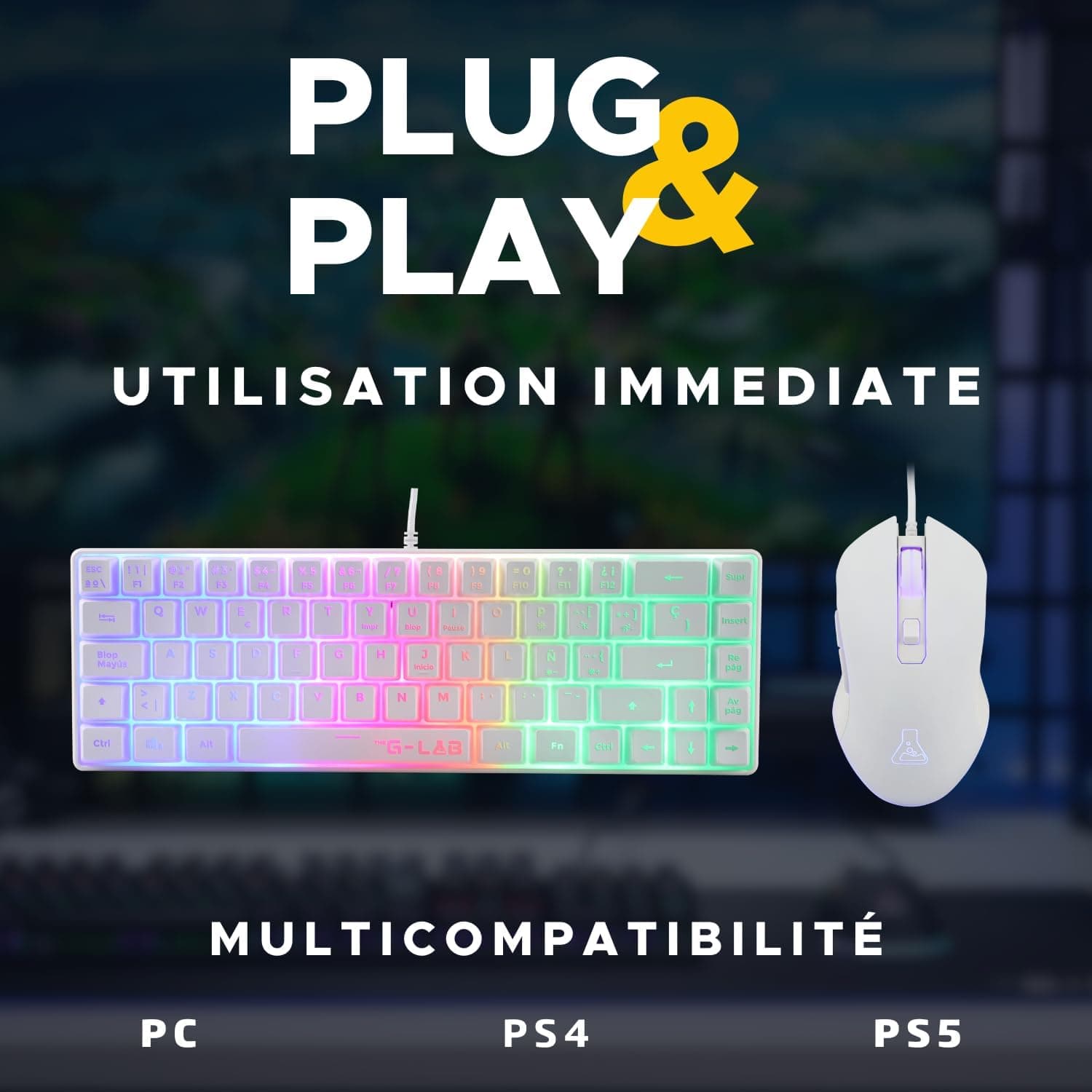 The G-Lab Combo Hydrogen - Pack Clavier Souris Gamer 60% RGB Blanc | Format 60%, Clavier Filaire, RGB, Souris 7 200 DPI, 6 Boutons, AZERTY FR