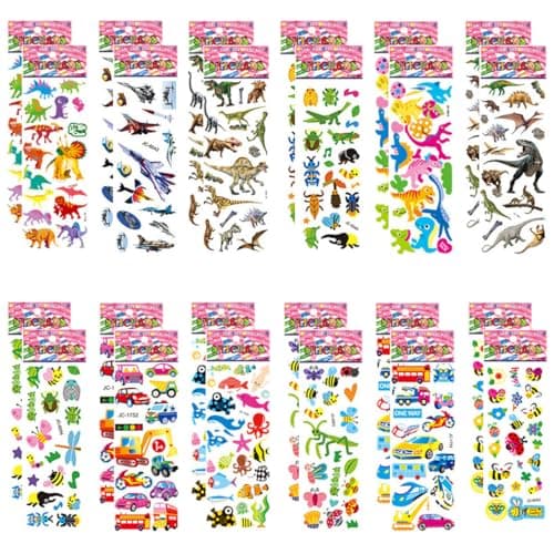 BZKSER Autocollants 3D - 24 Feuilles Kids Stickers, Autocollants Récompense, Autocollants Gommettes Stickers pour Enfants pour Récompenser Scrapbooking,Motifs y Compris Animaux, Avions, Dinosauresetc