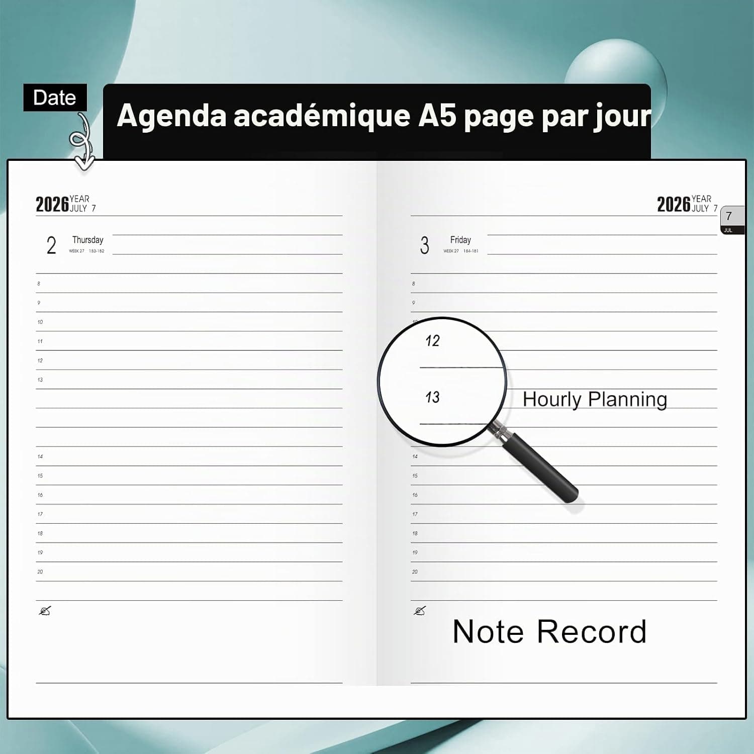 Agenda 2026-2027 format A5 une page par jour - Semestriel 2026-2027 de juillet 2026 à juin 2027 - Agenda mensuel journalier avec calendrier, stylo, porte-stylo, onglets mensuels, poche intérieure