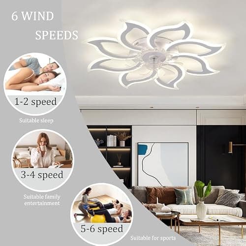 Grande Lustre Ventilateur de Plafond Chambre LED Dimmable Ventilateur Plafond avec Lumiere Réversible Moderne TéléCommande Silencieux Plafonnier avec Ventilateur Fleur Smart 6 Vitesses, Blanc