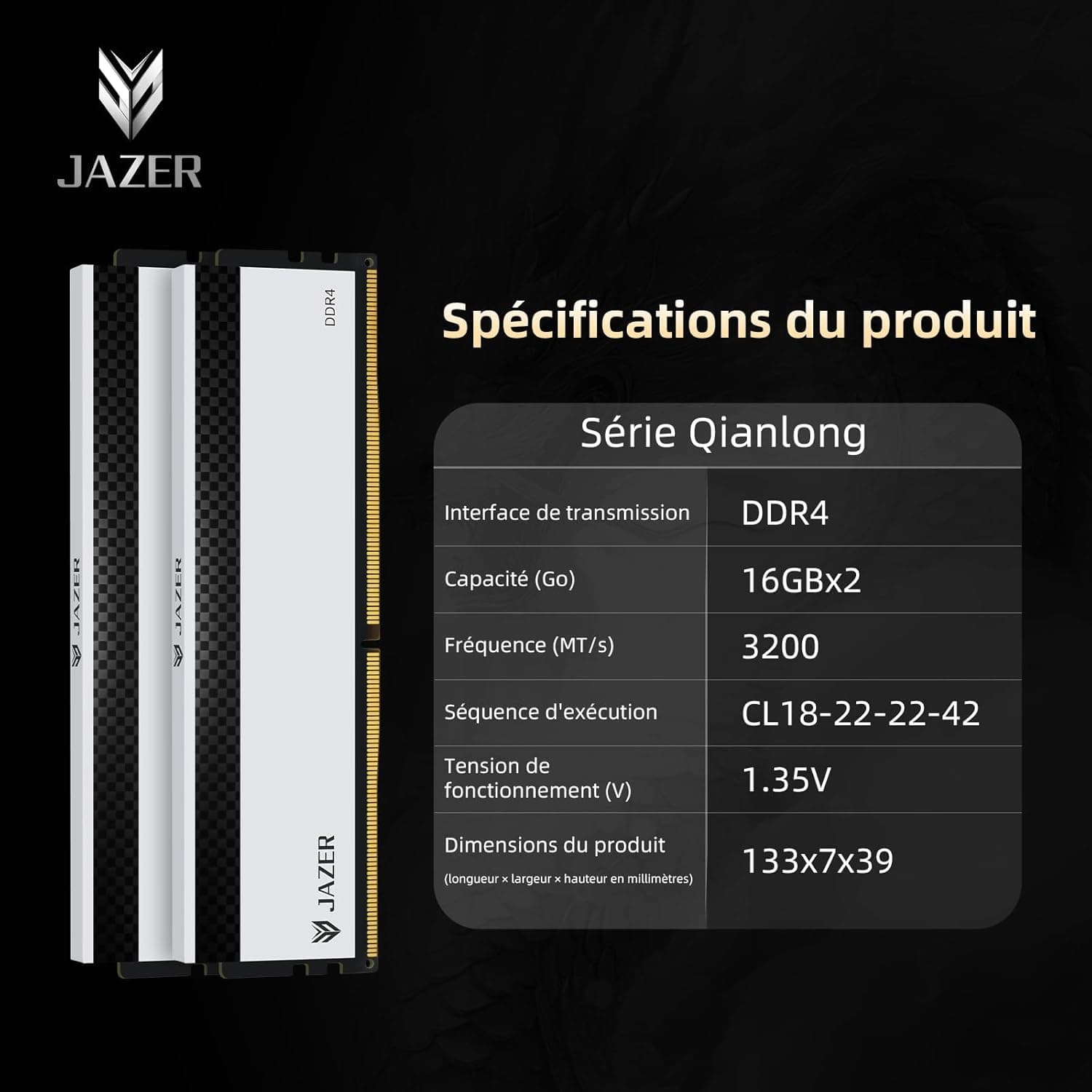 JAZER RAM DDR4 32Go Kit (2x16Go) 3200MHz CL18 Mémoire | Overclocking XMP 2.0, UDIMM 1.35V, Pour Ordinateur de Bureau, Haute Performance Pour Jeux