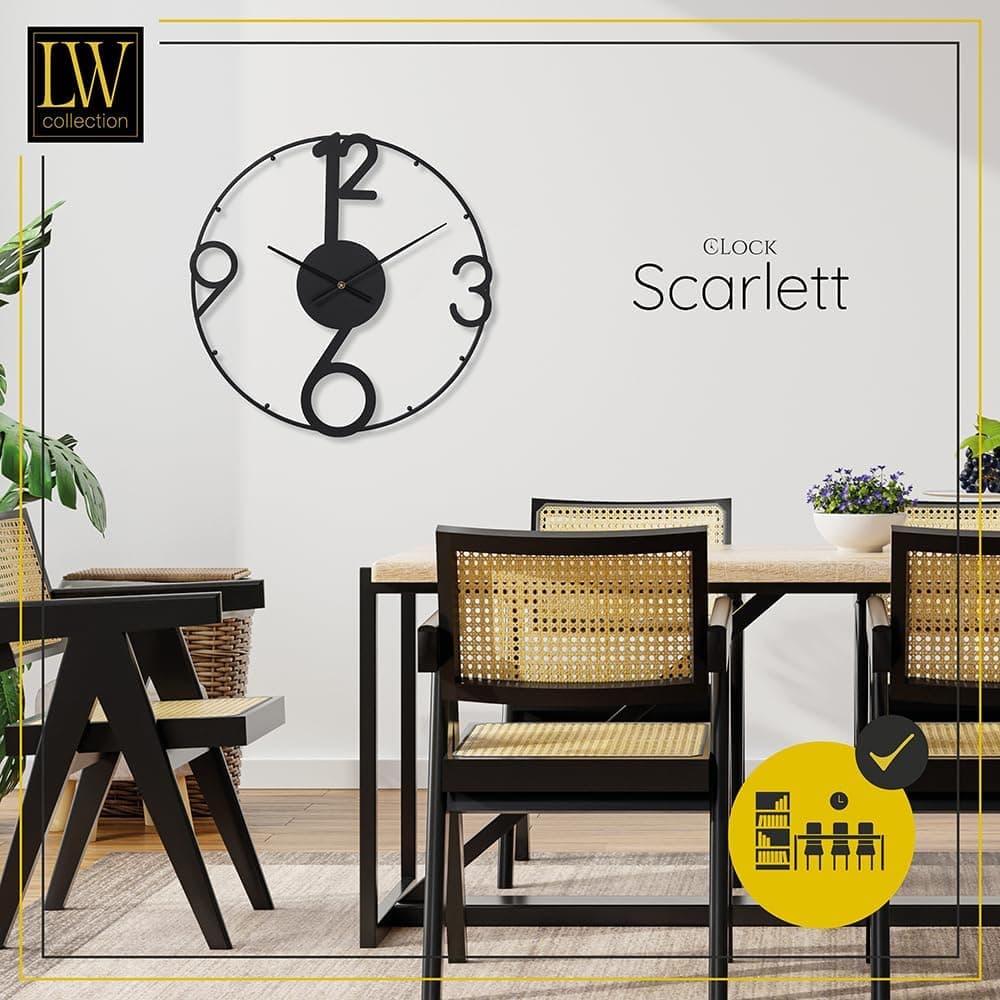 LW Collection Grande Horloge Murale Scarlett Noir 60 cm - Industrielle en Métal - Moderne - Mouvement Silencieux