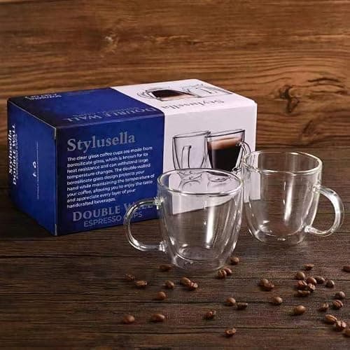 Stylusella Tasses à café en verre à double paroi de 150 ml, lot de 2 tasses à café avec poignées, tasses à café élégantes, Tazas de Café Con Estilo, tasses à café isothermes en verre borosilicate