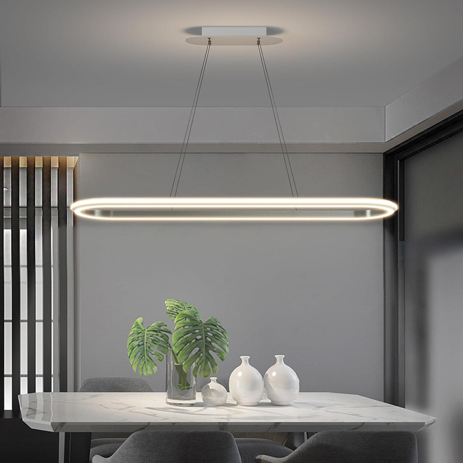 110cm Suspension Moderne Ovale Ajustable avec Télécommande, Luminosité Réglable de 10%-100%, Anti-Éblouissement avec Fonction Mémoire/Hauteur Ajustable