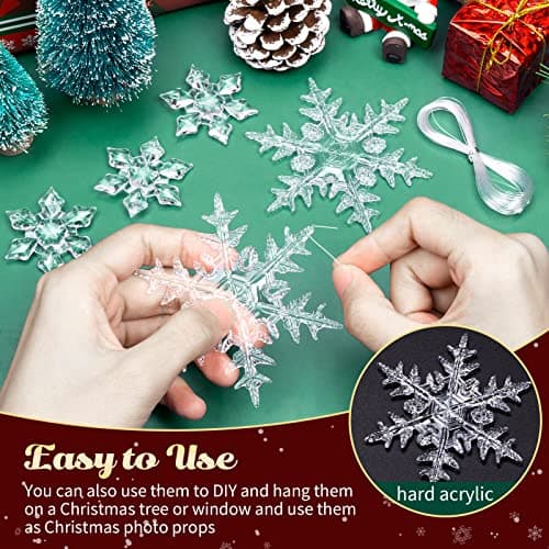 25 Pièces Acrylique Ornements de Flocons de Neige, Hiver Décorations avec Ligne De Cristal pour Fenêtres Cheminée Sapin de Noël