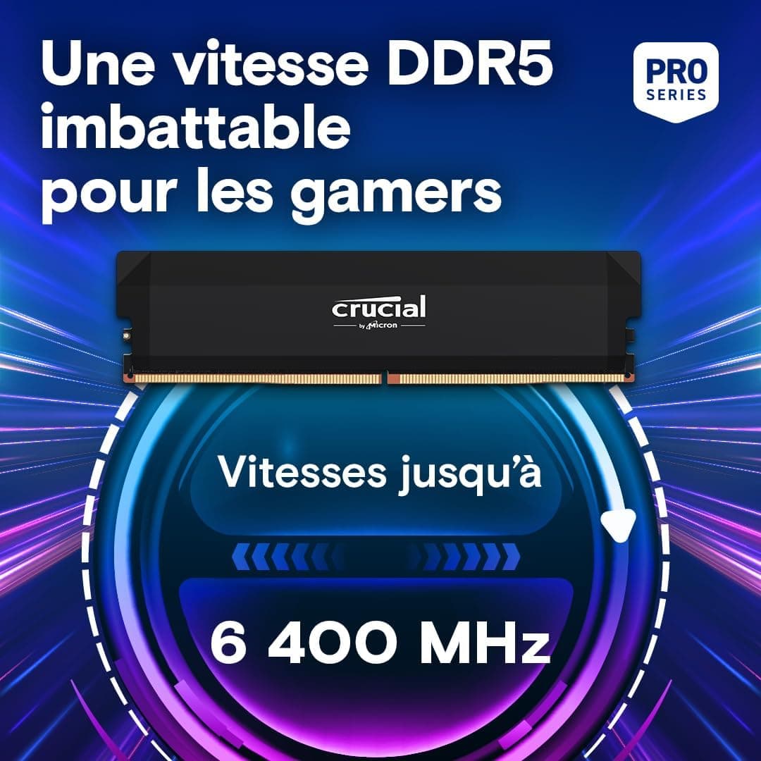 Crucial Pro RAM DDR5 64Go Kit (2x32Go) 6400MHz CL40, Overclocking Gaming, Intel XMP 3.0 / AMD Expo, PC Mémoire, Noir - CP2K32G64C40U5B