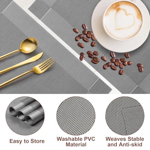 Gucass Lot de 8 Sets de Table Lavable, Sets de Table Plastique PVC, Tissé Lavable Napperons Résistant à Chaleur Antidérapant, pour Cuisine Table à Manger, Facile à Nettoyer et Stocker(45x30cm, Gris)