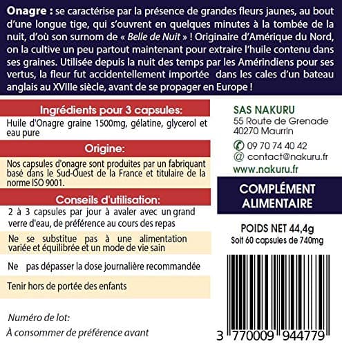 NAKURU | Onagre | 60 Capsules de 740mg | Gamme Beauty | Fabriqué en France |"La Belle de Nuit!"