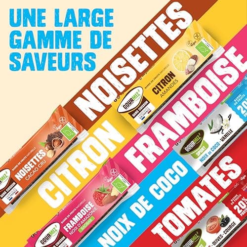 Gourmiz barres de fruits protéinées - 12 x 40gr - (20% de protéines), barre protéinée énergétique bio, dattes, noix de coco, & vanille, snacks vegan, proteine & sans gluten, protein bar