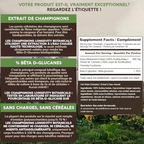 Gélules de champignon trémelle fucus - Complément ultra-concentré pour avoir une peau hydratée, la beauté et une mémoire améliorée - 100% du corps fructifère - 120 gélules - Longevity Botanicals