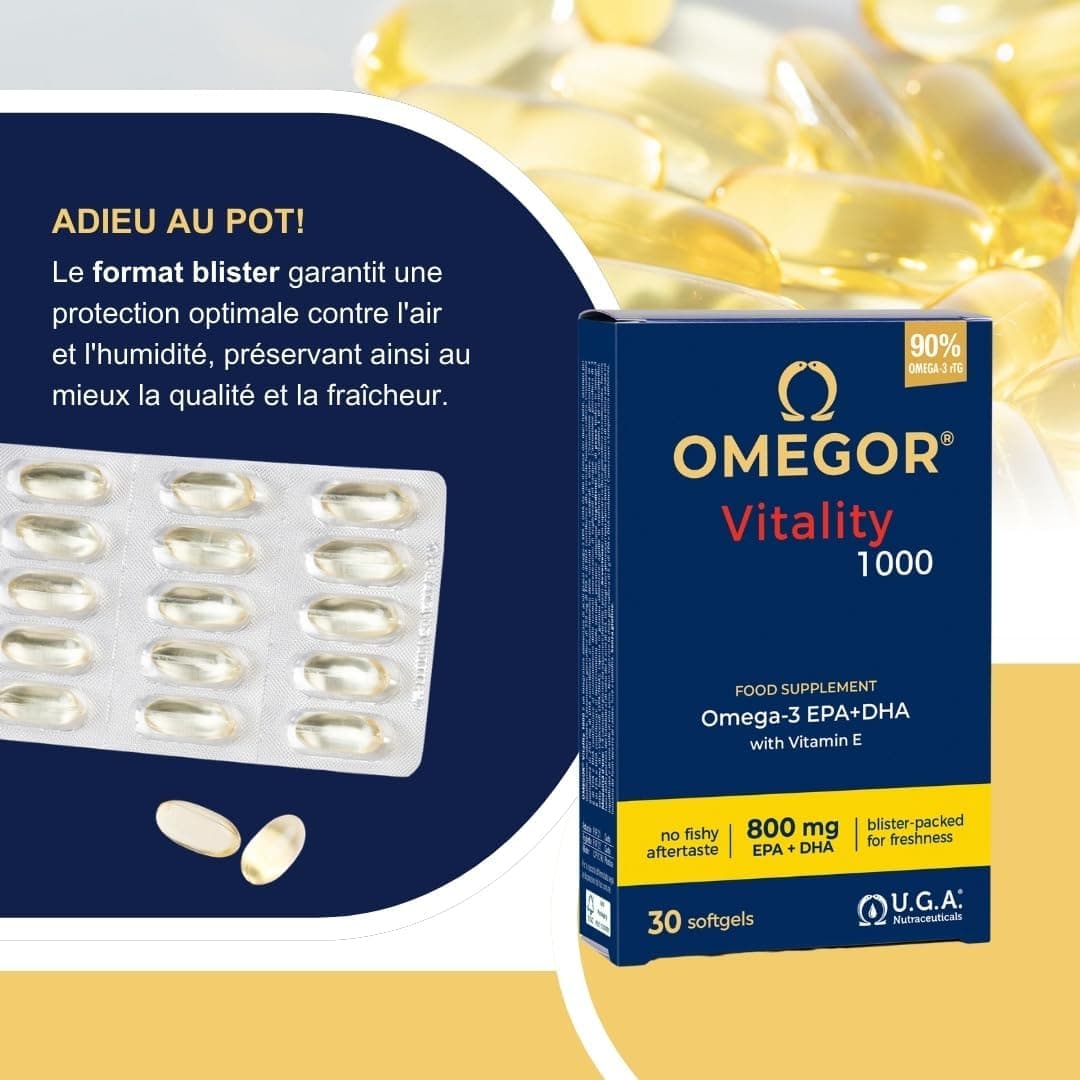 Omegor Vitality 1000 - Supplément alimentaire avec 90% des oméga 3 sous forme de triglycérides - avec de la vitamine E - pour le cœur, la vision et le cerveau en santé - 30 gélules