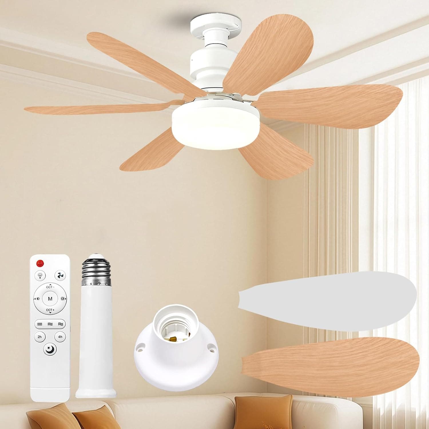 Ventilateur de Plafond avec Lumière et Telecommande, 52CM, Variateur 30W | 1800 Lumen 3000-6500K 3 Couleurs & 3 Vitesses, avec Douille E27, Petit Modèle pour Chambre, Cuisine