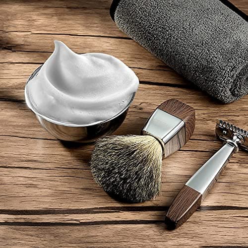 GRUTTI Ensemble de rasage, rasoir de luxe chromé et support de brosse avec bol de savon et brosse de rasage pour cheveux de blaireau et lame double tranchant compatible avec rasoir de sûreté