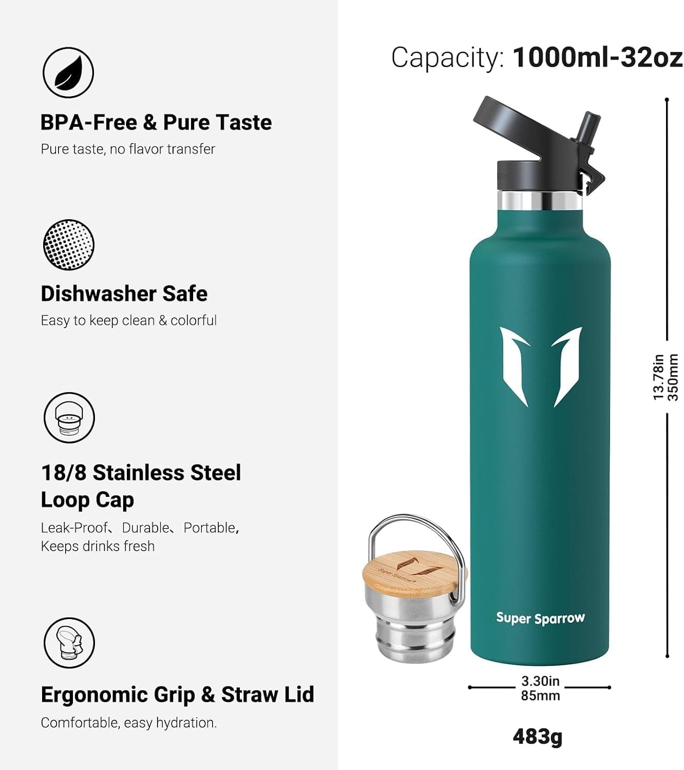 Sparrow Gourde Isotherme -0.5L/0.75L/1L - Bouteille INOX avec Paille