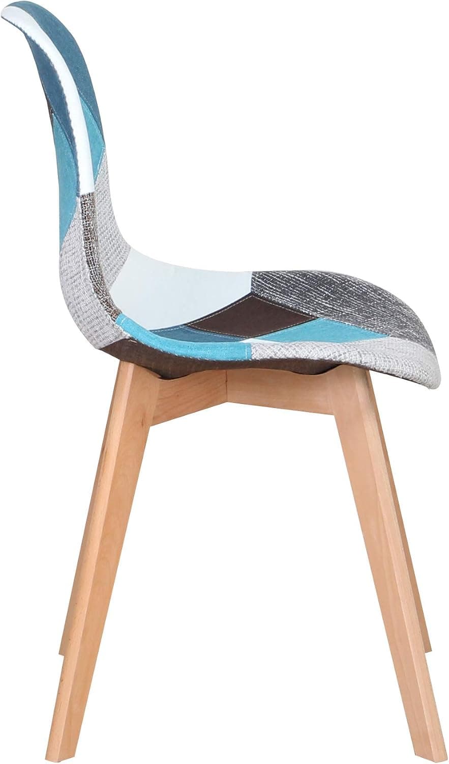 Lot de 4 chaises de Salle à Manger, Fauteuil scandinave Patchwork rembourré pour Cuisine et Bureau, Coussin de siège en Coton et Lin, Pieds croisés en hêtre (Bleu, 4)