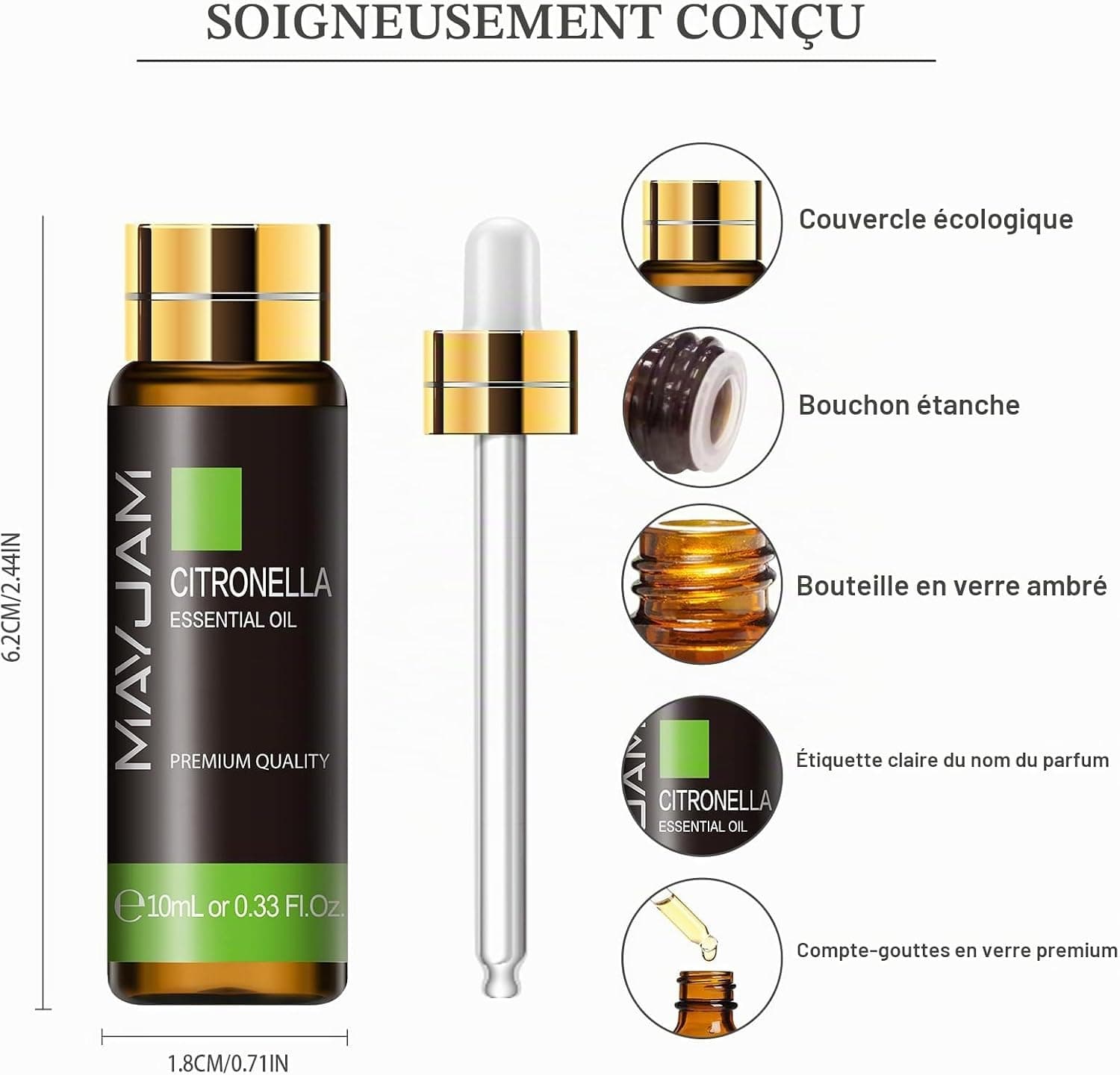 MAYJAM Huile Essentielle de Citronnelle pour Diffuseur 10ML | Huile Essentielle de Citronnelle pour Humidificateur, DIY, Home, Wardrobes