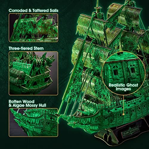 CubicFun Puzzles 3D Modèle de Bateau Hollandais Volant Lumineux Bateau Pirate Hanté Bricolage pour Adultes et Enfants, Kits de Construction de Décoration de Bureau pour Femmes et Hommes, 360 Pièces
