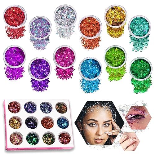 Sugeru®Maquillage Paillettes Visage Festival-12 Couleurs set,Fluorescent Paillette pour Visage,Corps,Cheveux,Ongles,Halloween,Fête,Noël,Fluorescent Paillette,Paillettes de Corps,Gel (12-2.5g/pcs)