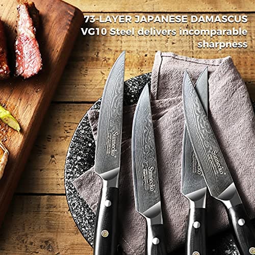 Sunnecko Couteaux à Steak Damas 6 Pièces, Coffret de Couteaux de Table en Acier Damassé 73 Couches, Set Couteau Cuisine Japonais Lame 13cm, Couteau Viande Manche G10