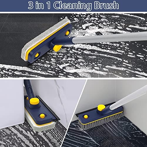 JEHONN Brosse de Nettoyage avec Manche Long, 3 en 1 pour Baignoire et Carrelage, Brosse à Récurer Amovible à Poils Rigides et Tête éponge pour Salle de Bain, Baignoire, Sol