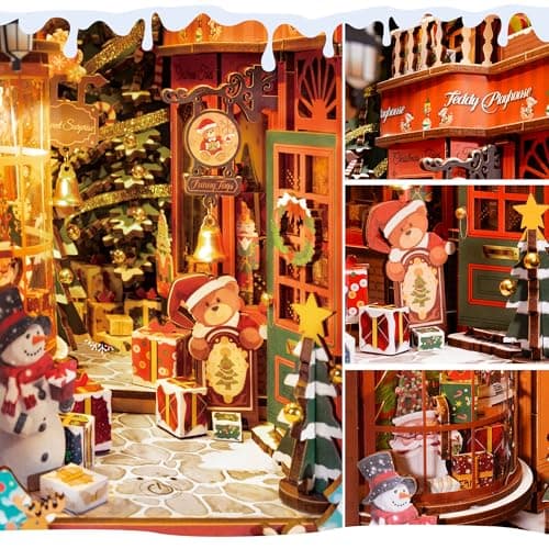 ROBOTIME Book Nook Kit Maison de Poupée en Bois, Booknook Puzzle 3D avec Lumières LED, Nook Book Cadeau de Vacances (Rue de Noël)