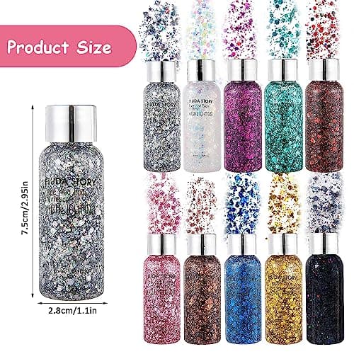 10 bouteilles de paillettes fluorescentes pour visage, corps et cheveux. Idéal pour festivals et maquillage scintillant. Longue tenue, facile à appliquer pour femmes et hommes