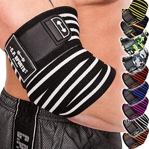 C.P. Sports 1 paire de bandages professionnels pour développé couché, fitness, sport, coudière, bodybuilding, Powerlifting (noir et blanc) 130 cm