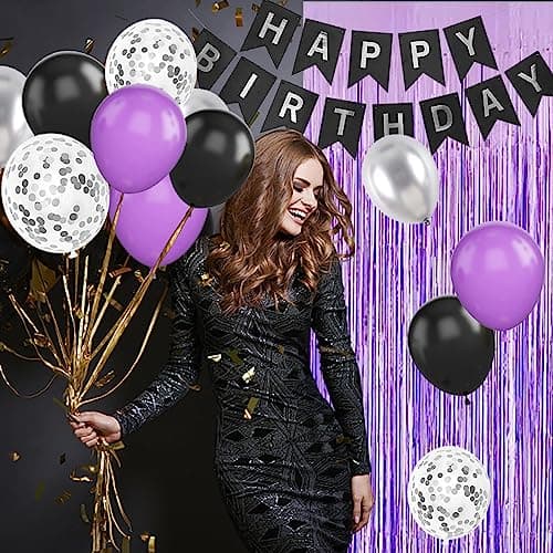 Décorations de fête de joyeux anniversaire noir violet et argent Fournitures de décoration de ballon avec bannière et rideau pour femmes hommes garçons filles 20th 30th 40th 50th 60th 70th Birthday
