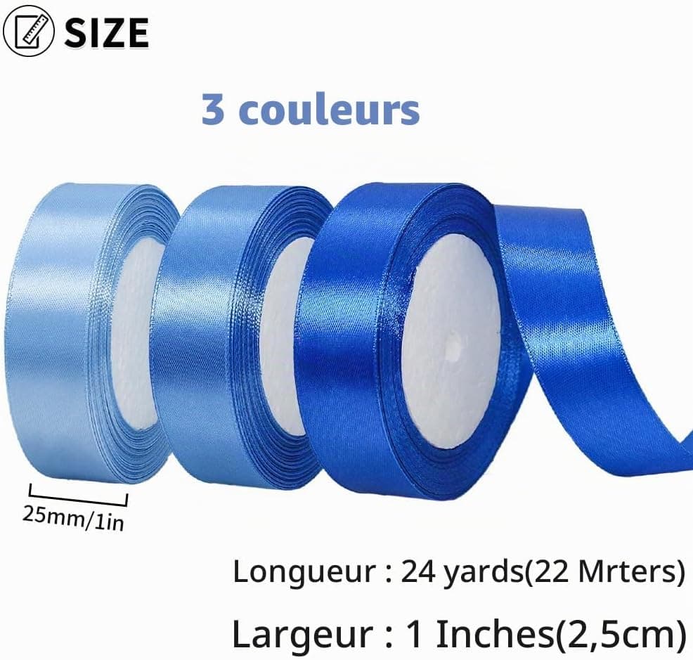 Ruban Satin Bleu 25mm, 66m Double Face Polyester pour Présents, Artisanat DIY, Décorations Saint-Valentin Mariage Anniversaire (22 m/Rouleau)