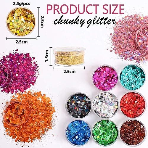 Sugeru®Maquillage Paillettes Visage Festival-12 Couleurs set,Fluorescent Paillette pour Visage,Corps,Cheveux,Ongles,Halloween,Fête,Noël,Fluorescent Paillette,Paillettes de Corps,Gel (12-2.5g/pcs)