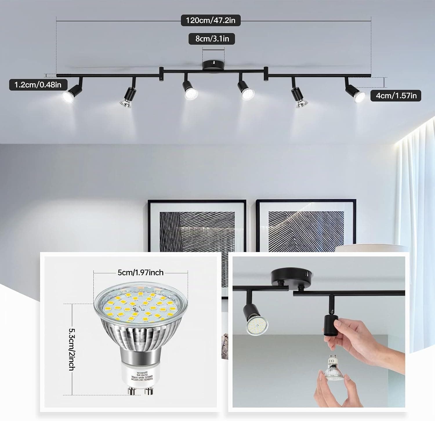 wowatt Plafonnier 6 Spots LED Noir avec GU10 5W Blanc Froid 6000K Ampoules | Moderne Rampe Interieur Plafond Orientable, Rail Luminaire Plafonnier Spot pour Chambre Salon Salle à Manger Cuisine Couloir