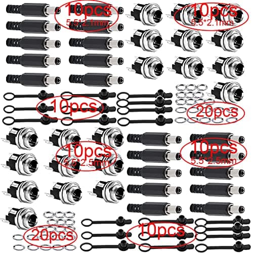 RUNCCI-YUN 100Pcs 5,5 mm x 2.1 mm/ 5,5 mm x 2.1 mm DC Connecteur Alimentation 12V souder KIT,Prise Jack Mâle + Douilles Femelle, avec Capuchon en Caoutchouc, pour Audio/Vidéo/Téléphone/CCTV
