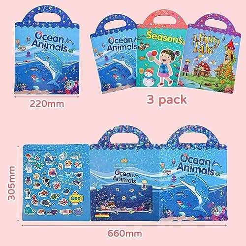 Livre d'autocollants imperméables réutilisables pour enfants - Lot de 3, garçons de 3 à 6 ans, filles, un conte de fées, 3D transparents les saisons, l'océan animal,Jouets d'apprentissage éducatifs