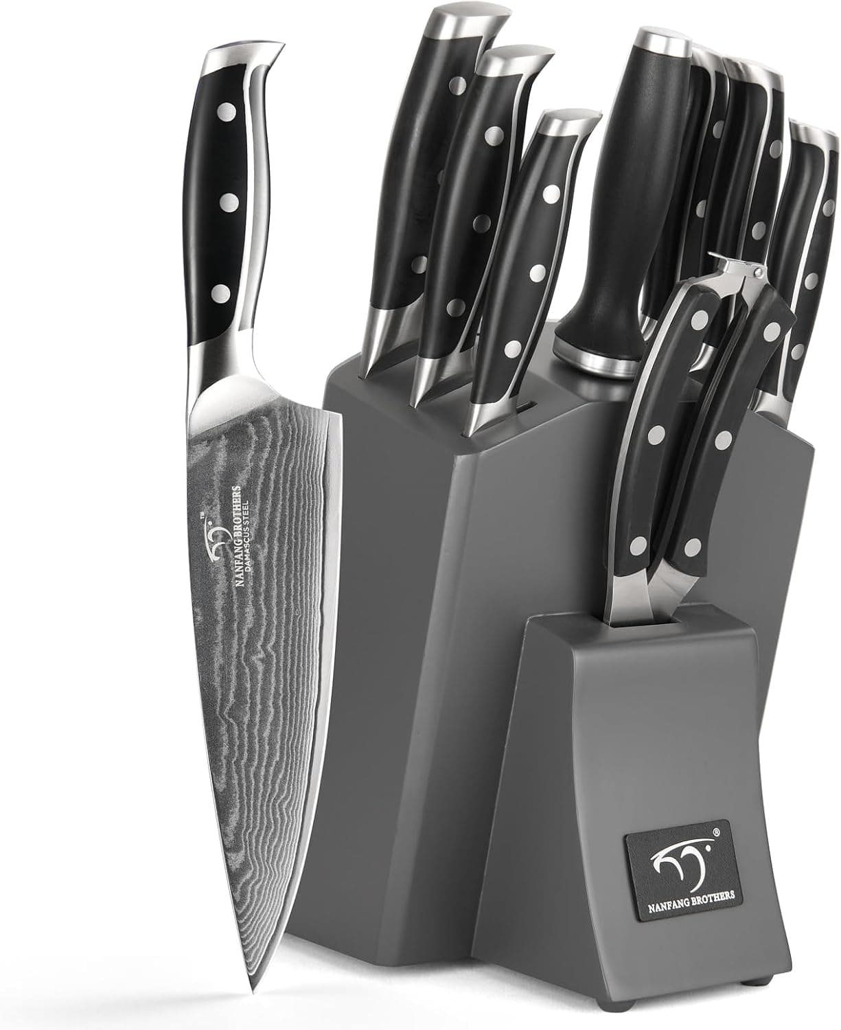 NANFANG BROTHERS Damas 9 Pièces Set Couteaux de Cuisines Professionnels 67 Couche Acier with Bloc en Bois Gris