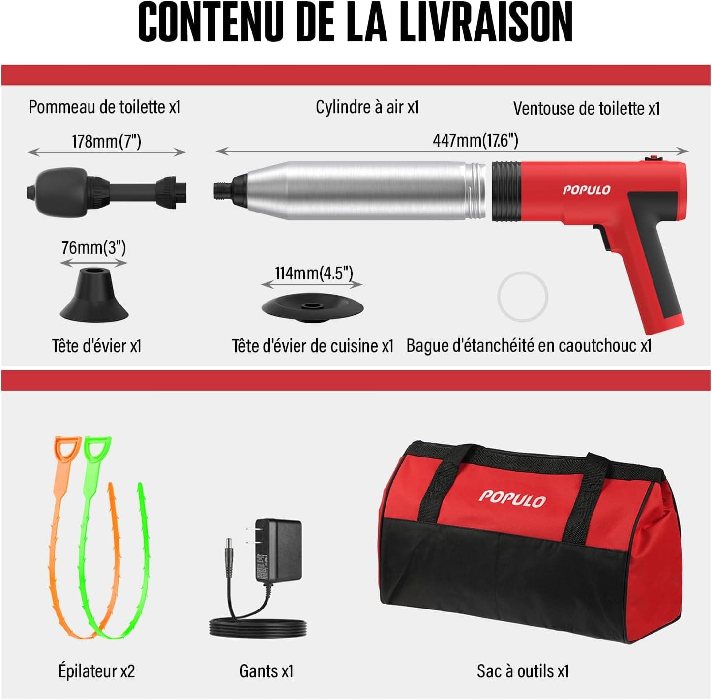 POPULO électrique Déboucheur à Ventouse, Déboucheur de toilettes électrique Swift haute pression, Air Comprimé Déboucheur de canalisations pour Toilette, WC, bain, lavabo, douche