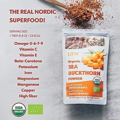Poudre d’argousier bio LOOV, riche en fibre, faite à 100% de baies entières, 110 g, cultivés dans les régions nordiques, riche en oméga, vitamines C et E, Portions de 23 jours, ni sucre ajouté ni OGM
