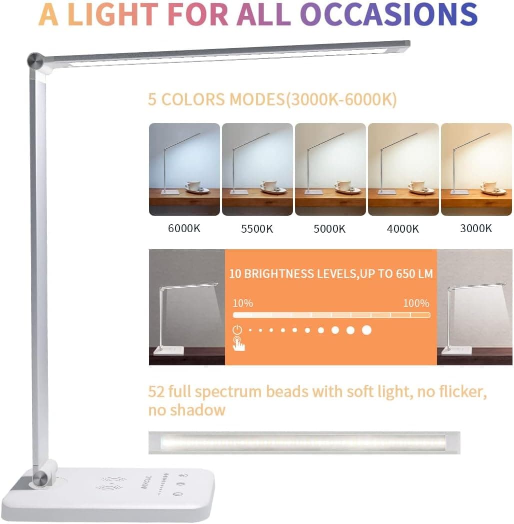 Lampe de Bureau avec Chargeur sans Fil,Lampe de chevet Avec Port USB,Blanc
