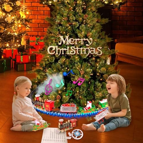 BuzzoXerex Train Electrique Noel, Train de Noel Electrique pour Sapin avec Guirlandes Lumineuses LED Bleues, Train Electrique Enfant avec Spray et Son