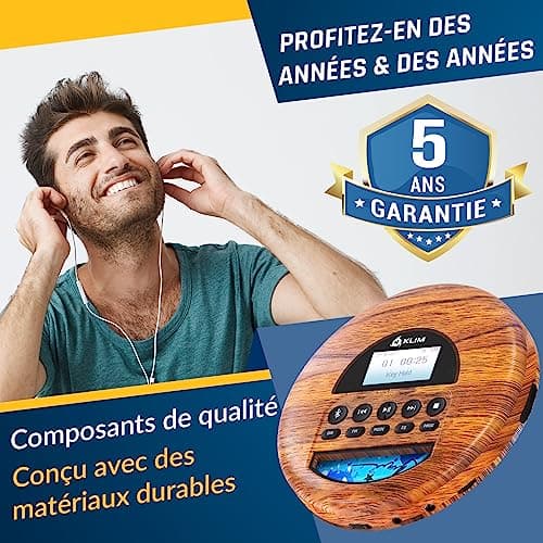 KLIM Nomad Wood - Nouveauté 2024 - Lecteur CD Portable - Batterie Intégrée Longue Durée - Écouteurs KLIM Fusion - CD-R, CD-RW, MP3 - Lecteur TF, Mini Radio Portable, Bluetooth - pour la Voiture