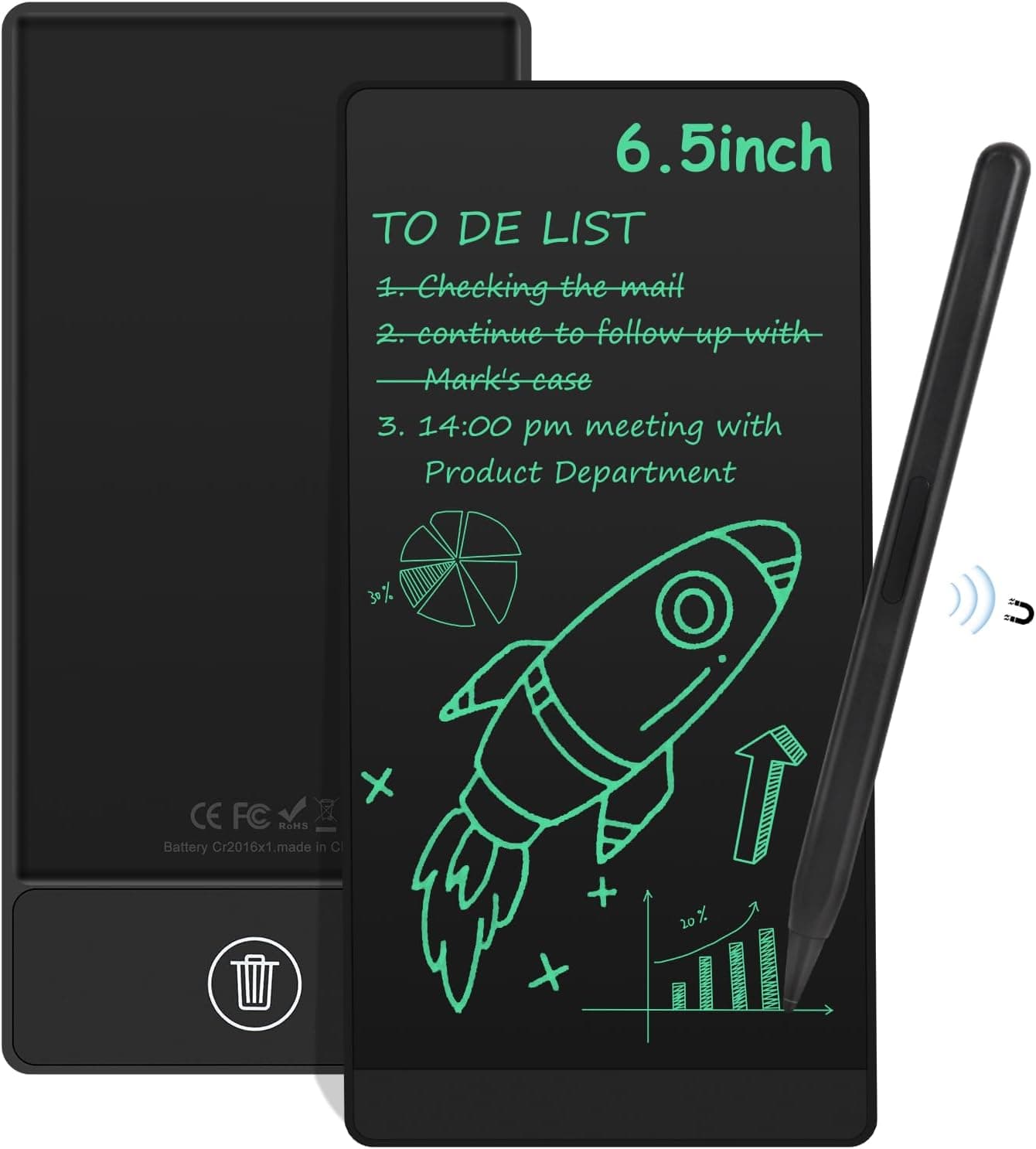 Tableaux D'écriture LCD pour Adultes, Czemo 6.5 Pouces Réutilisable Plein Ecran LCD Tableaux d'écriture avec Stylo Magnétique, pour Record Rapide, Bureau, Mémos, Arithmétique, Dessin, Noir