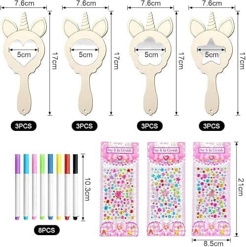 Lot de 12Kits Bricolage Miroir Kits,Licorne Artisanat en Bois à Peindre- Miroir en bois à peindre - Pour enfants - Cadeau de Fête - Kit de Bricolage en Bois Pour Enfants