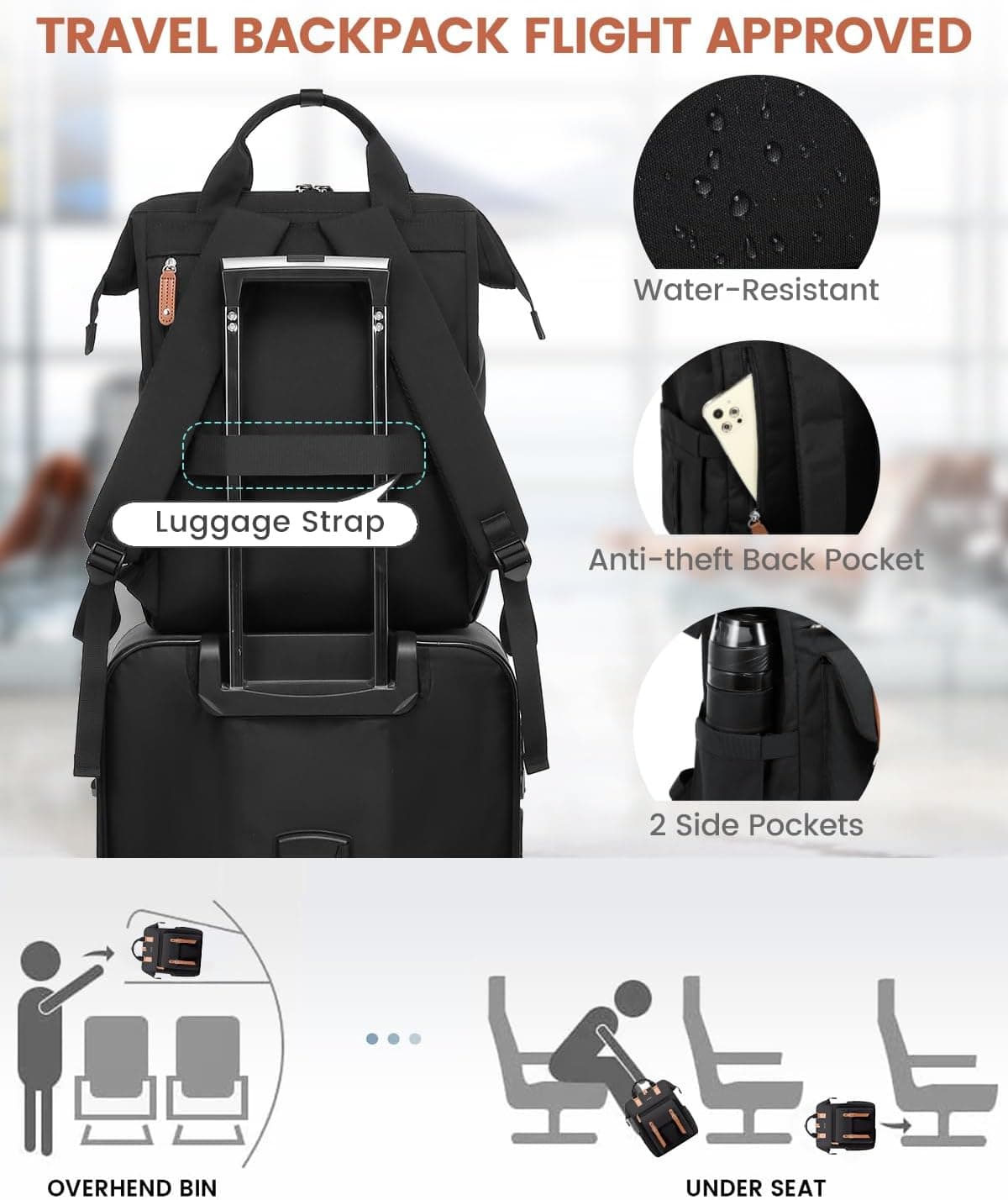 LOVEVOOK Sac a Dos Femme, Impermeable pour Ordinateur Portable 15,6 pouces | avec Étui pour Câble de Données avec Compartiment Ordinateur Séparé, Ordi Elegant pour Voyage College Travail Noir