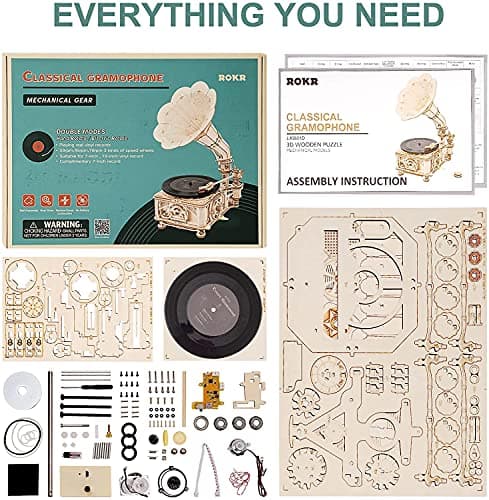 ROKR Puzzle 3D Maquette en Bois a Construire pour Adulte Enfants Maquette Gramophone Classique Kits de Modèles de Bricolage Construction Jouet, Modes Automatique et Manuel LKB01D